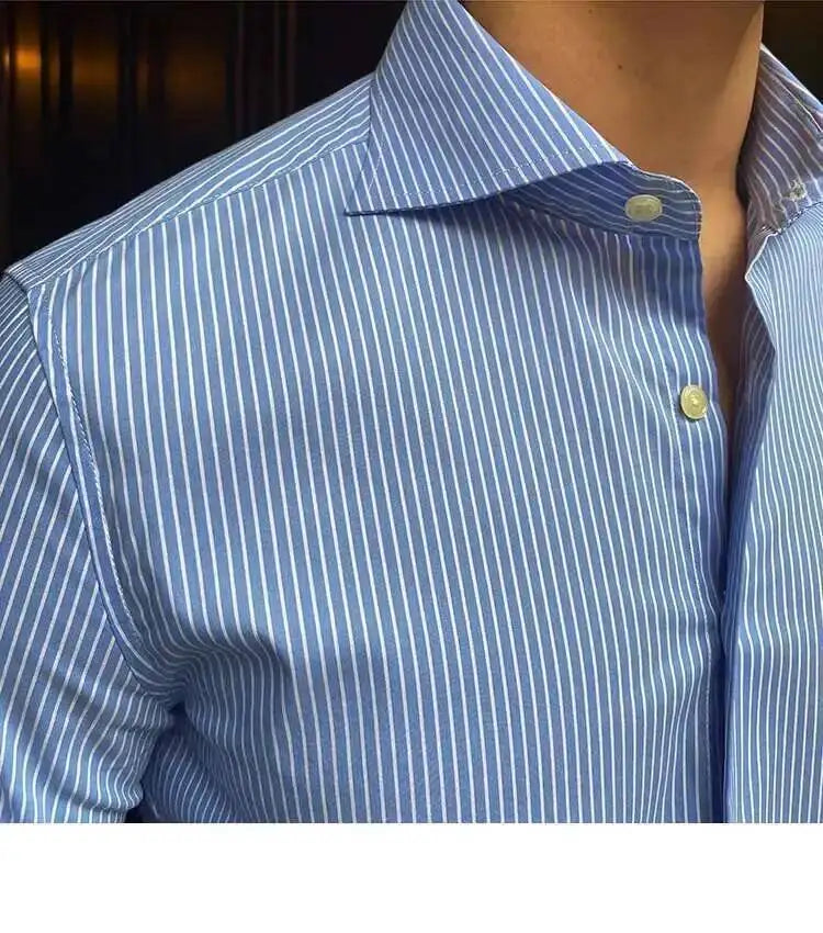 High Quality Men Business Striped Shirt Long Sleeve Slim Hairstylist Shirts Men Office Tuxedo Stripe Shirt Social Herren Hemd
