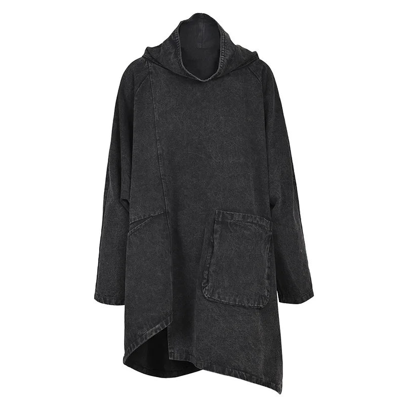 [EAM] Loose Fit Black Denim Big Size Sweatshirt New High Collar Long Sleeve Women Big Size Fashion Spring Autumn 2026 1K166