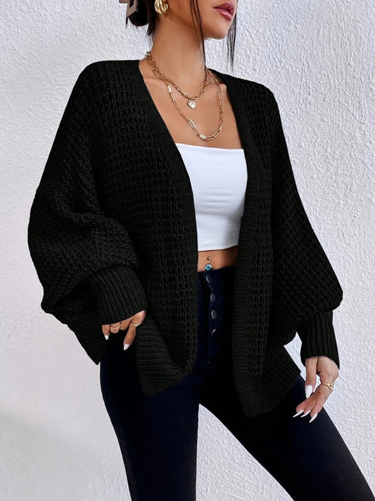 Fashionable and elegant solid color knitted sweater V-neck mid length hollowed out cardigan sweater women's top