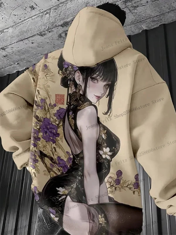 Anime girl back pattern Sweatshirt Casual Long Sleeve Hooded Pullover 3D Printing Women Top Fashion Oversized Men's Hoodies