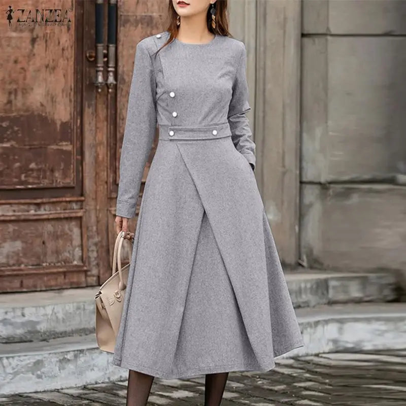 ZANZEA Autumn Dress Women Long Sleeve Elegant Office Sundress Casual Solid Color Vestidos 2025 European Style Asymmetrical Robe