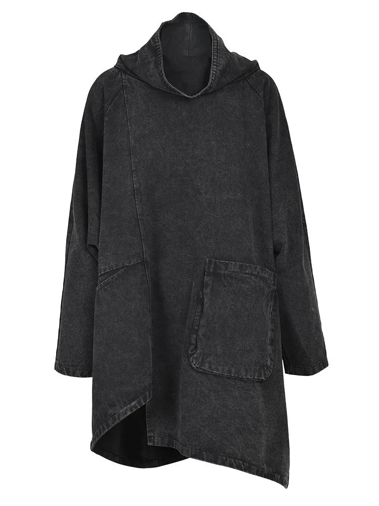 [EAM] Loose Fit Black Denim Big Size Sweatshirt New High Collar Long Sleeve Women Big Size Fashion Spring Autumn 2026 1K166