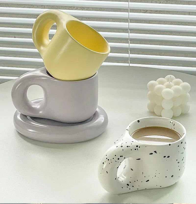 Nordic Modern Ceramic Coffee Cups and Plates Korean Ins Cute Trendy Chubby Cup Office Makron Color Spotted Texture Couple Cup