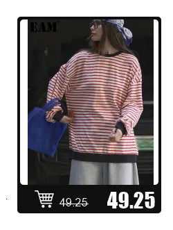 [EAM] Loose Fit Black Denim Big Size Sweatshirt New High Collar Long Sleeve Women Big Size Fashion Spring Autumn 2026 1K166