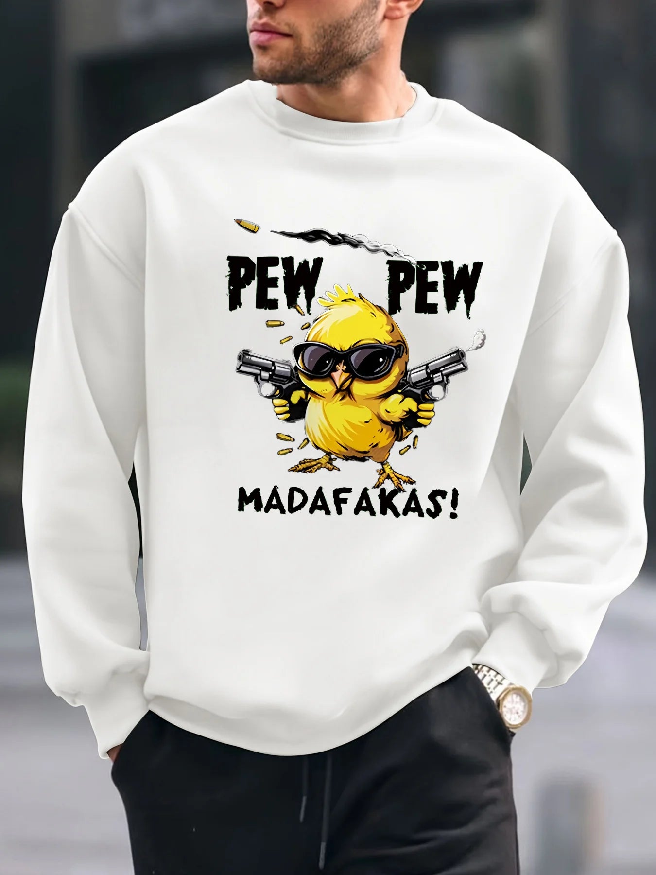 Men's autumn and winter fashionable casual loose angry chicken graphic printed long sleeved round neck sweatshirt