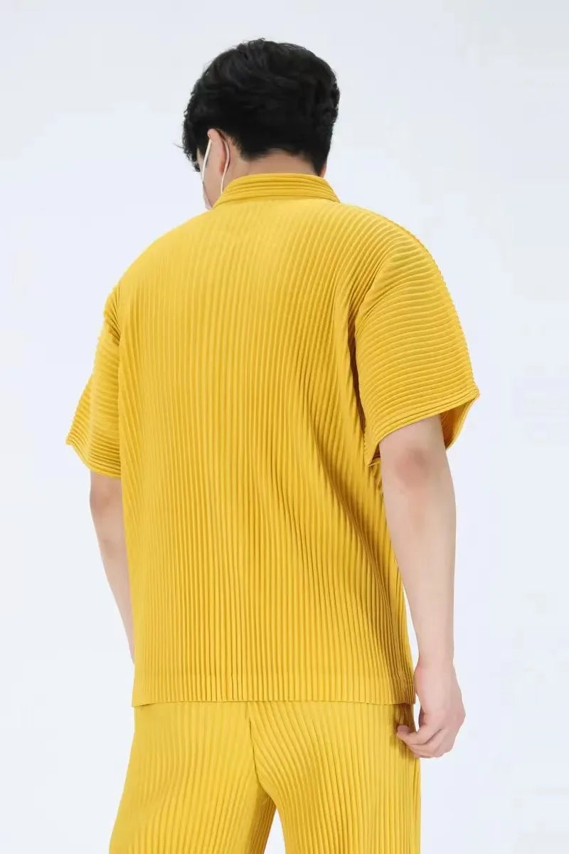 Pleats Pleated Original Short-sleeved Shirt Men's Short-sleeved Blouse 2024 Spring And Summer Loose Casual Jacket Solid Color