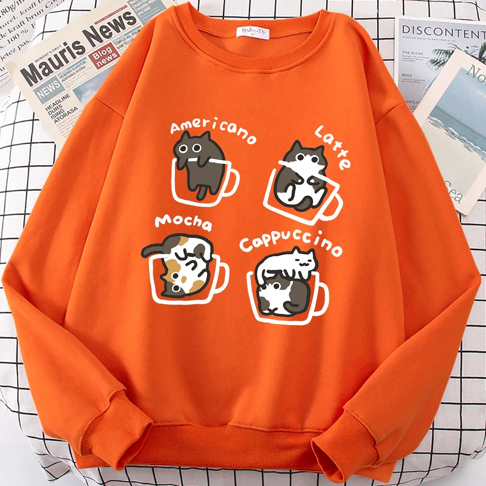 American Style Coffee Cat Cute Print Cartoons Hoodie Men Women Sweatshirt Loose Warm Clothes Personality Autumn Hoody Couple