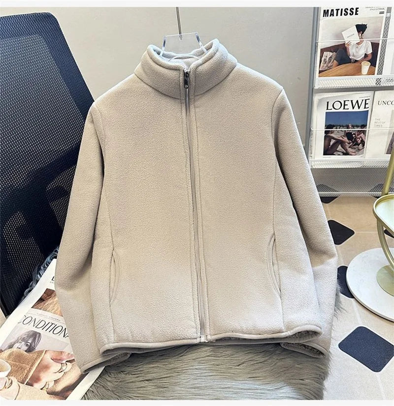 2025 Fashion Polar Fleece Sweatshirt Women's Stand-up Collar Short Coat Autumn Winter Zipper-up Thicken Jacket Lady Warm Tops