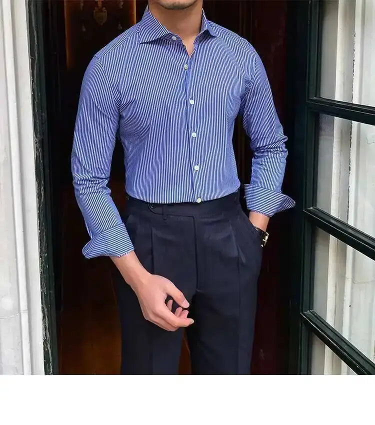 High Quality Men Business Striped Shirt Long Sleeve Slim Hairstylist Shirts Men Office Tuxedo Stripe Shirt Social Herren Hemd
