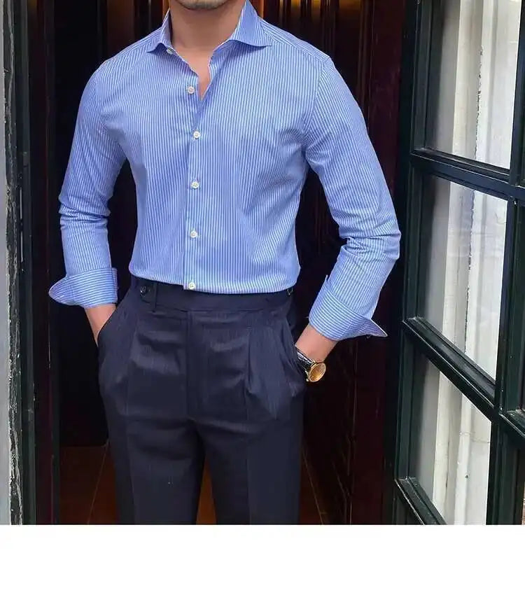 High Quality Men Business Striped Shirt Long Sleeve Slim Hairstylist Shirts Men Office Tuxedo Stripe Shirt Social Herren Hemd