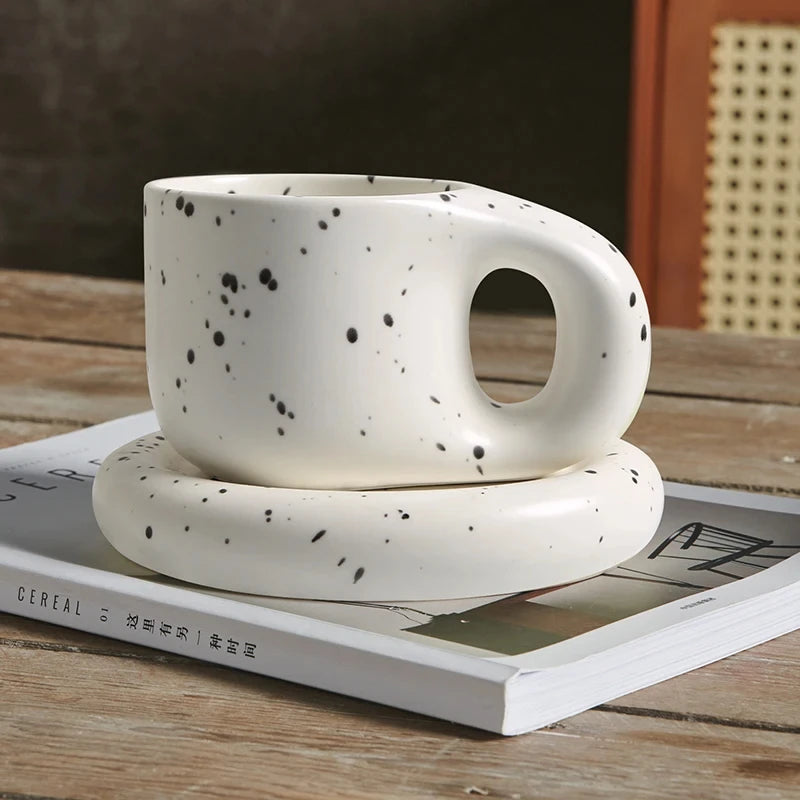 Nordic Modern Ceramic Coffee Cups and Plates Korean Ins Cute Trendy Chubby Cup Office Makron Color Spotted Texture Couple Cup
