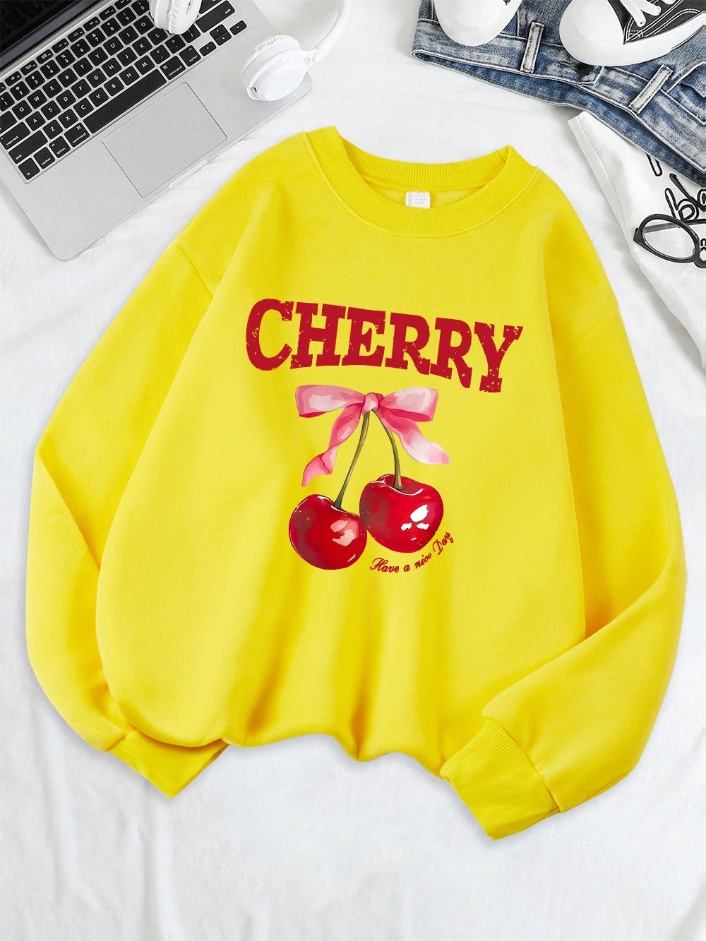 Cherry Pink Bow Have A Nice Day Prints Sweatshirts Women Warm Comfortable Hoodie O-Neck Tops Winter Casual Clothes
