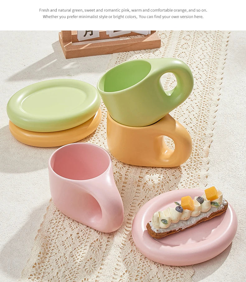 Nordic Modern Ceramic Coffee Cups and Plates Korean Ins Cute Trendy Chubby Cup Office Makron Color Spotted Texture Couple Cup