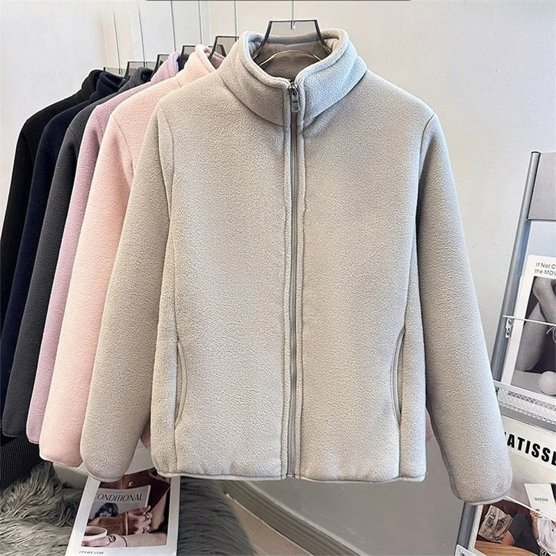 2025 Fashion Polar Fleece Sweatshirt Women's Stand-up Collar Short Coat Autumn Winter Zipper-up Thicken Jacket Lady Warm Tops