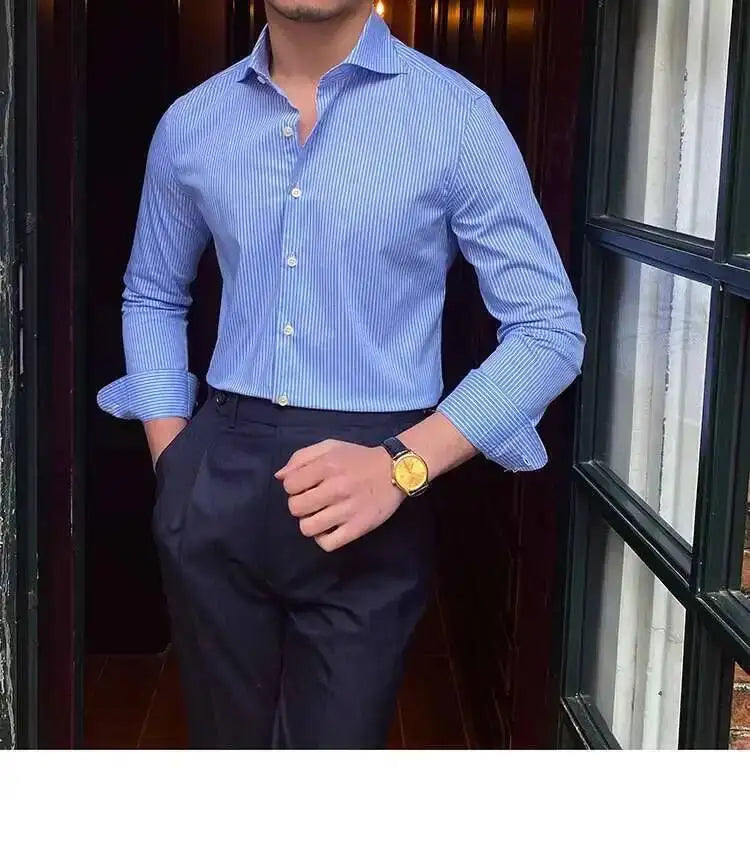 High Quality Men Business Striped Shirt Long Sleeve Slim Hairstylist Shirts Men Office Tuxedo Stripe Shirt Social Herren Hemd