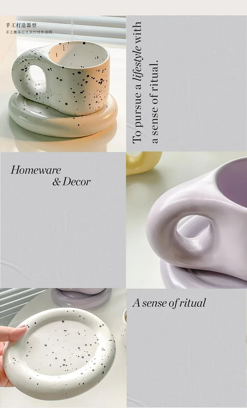 Nordic Modern Ceramic Coffee Cups and Plates Korean Ins Cute Trendy Chubby Cup Office Makron Color Spotted Texture Couple Cup