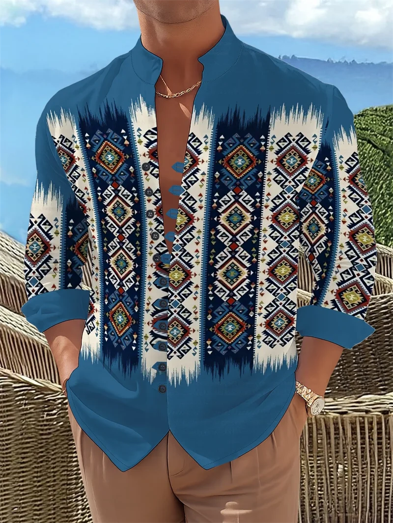 New retro ethnic style diamond patterned shirt for men, stand up collar, single breasted, personalized long sleeved top