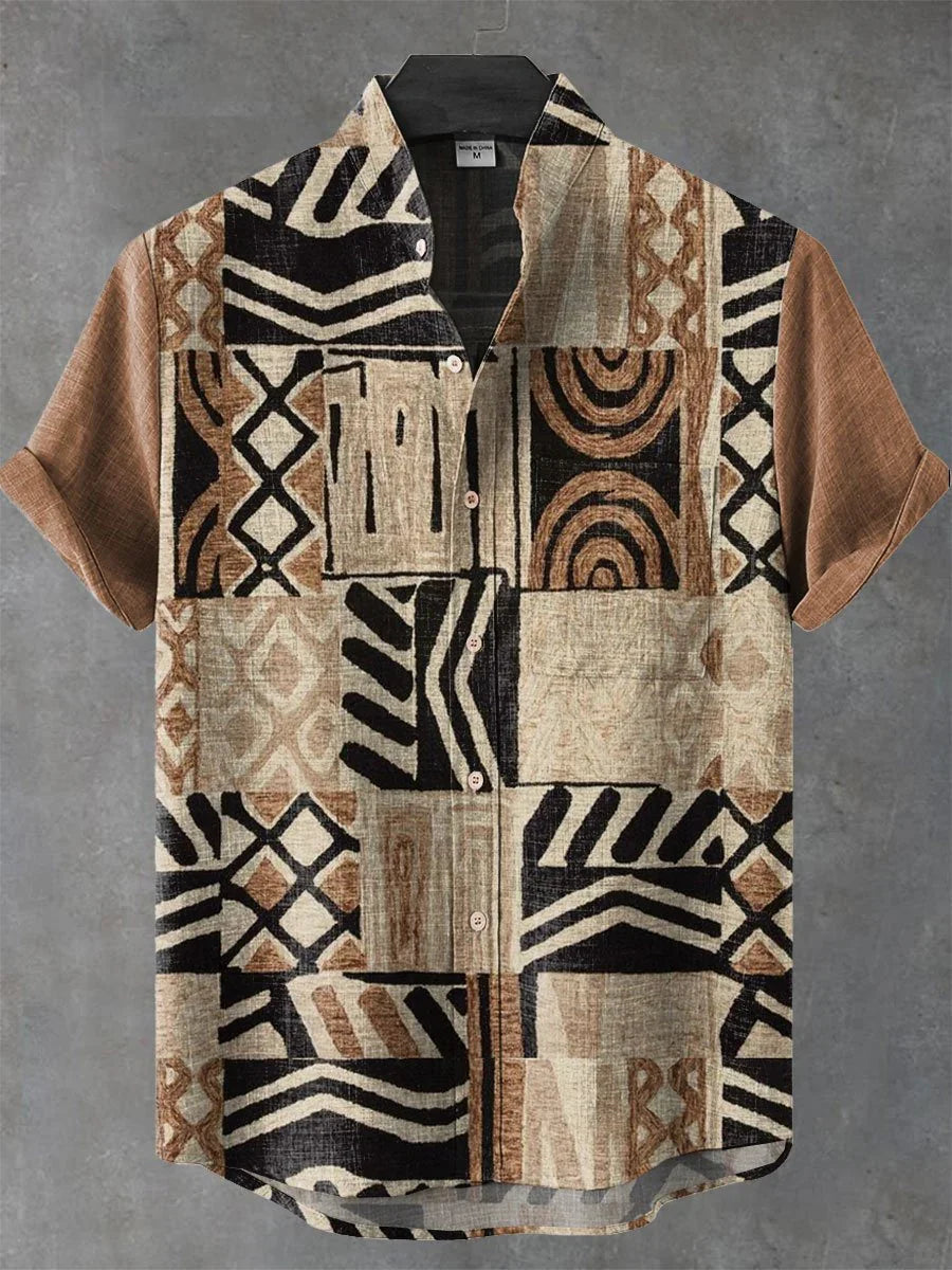2025 Vintage African Style Men's Retro Ethnic Tribal Short Sleeve Shirt Tops Fashion Casual Vacation Streetwear Men's Shirt