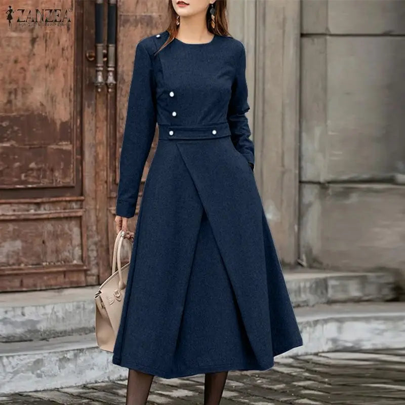 ZANZEA Autumn Dress Women Long Sleeve Elegant Office Sundress Casual Solid Color Vestidos 2025 European Style Asymmetrical Robe