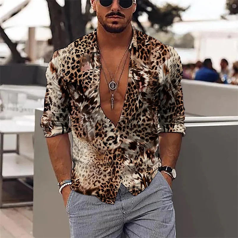Leopard Print Shirt Men's Cuffed Fashion Casual Men's Soft Comfort High End Party Tops Men's Street Long Sleeve Clothing Tops