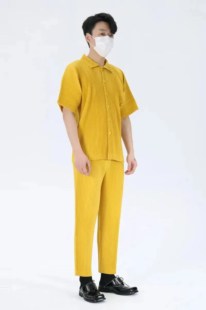 Pleats Pleated Original Short-sleeved Shirt Men's Short-sleeved Blouse 2024 Spring And Summer Loose Casual Jacket Solid Color