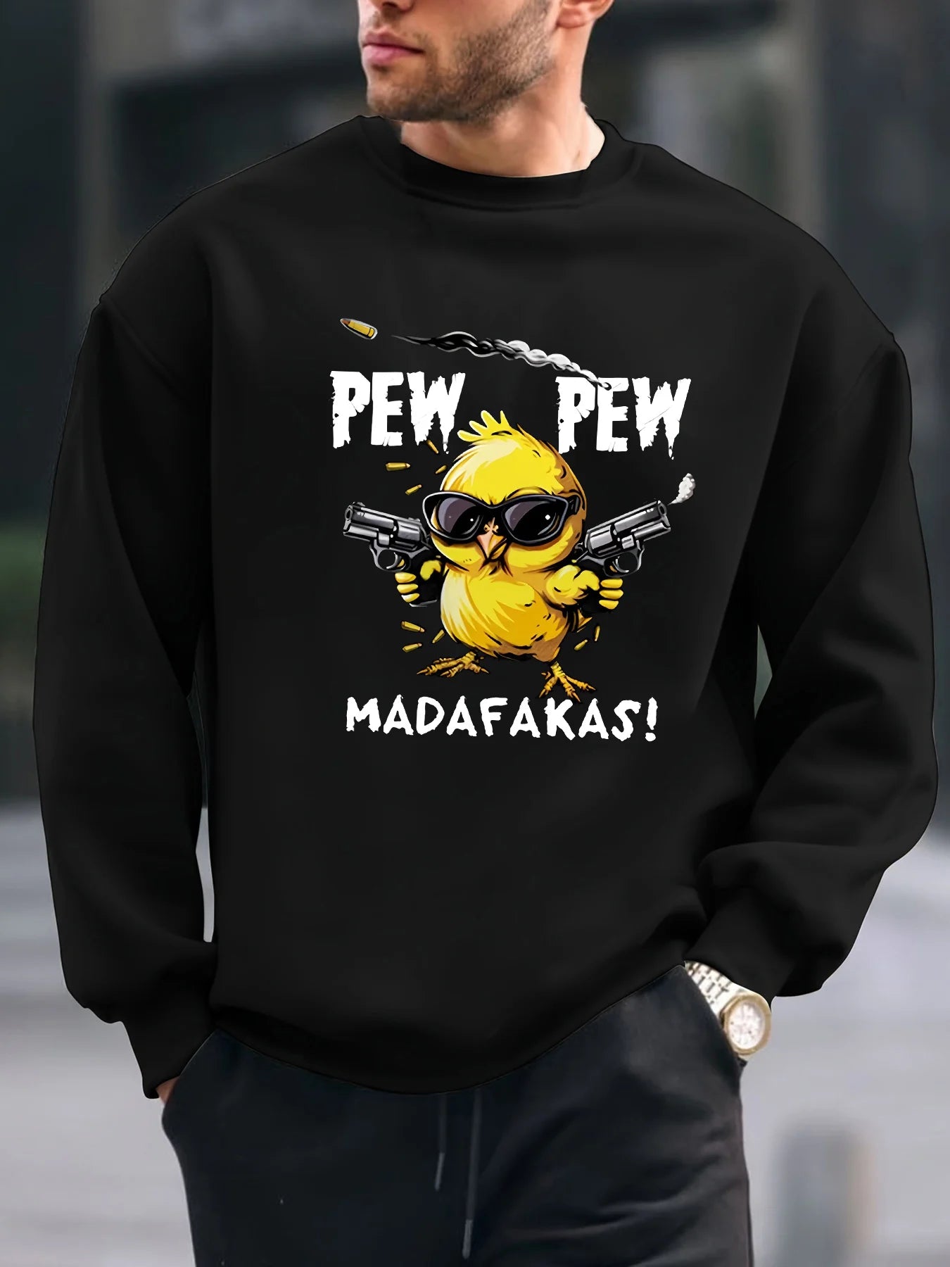 Men's autumn and winter fashionable casual loose angry chicken graphic printed long sleeved round neck sweatshirt