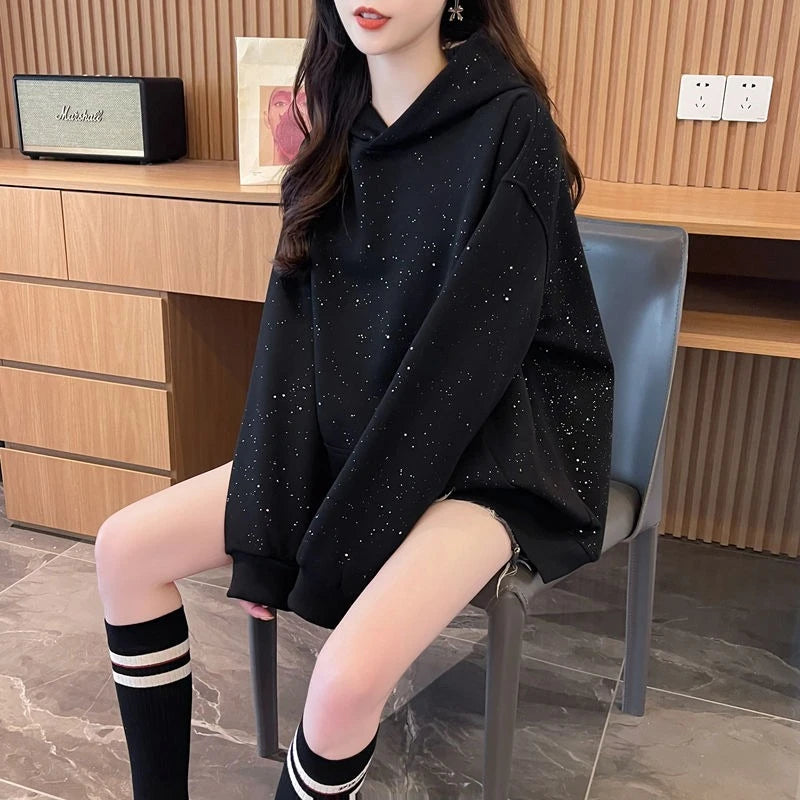 Sequins Women's Hoodies Sweatshirts Loose Y2k Vintage Matching New in Long Sleeve Y 2k Casual Emo Black Baggy Female Hooded Top