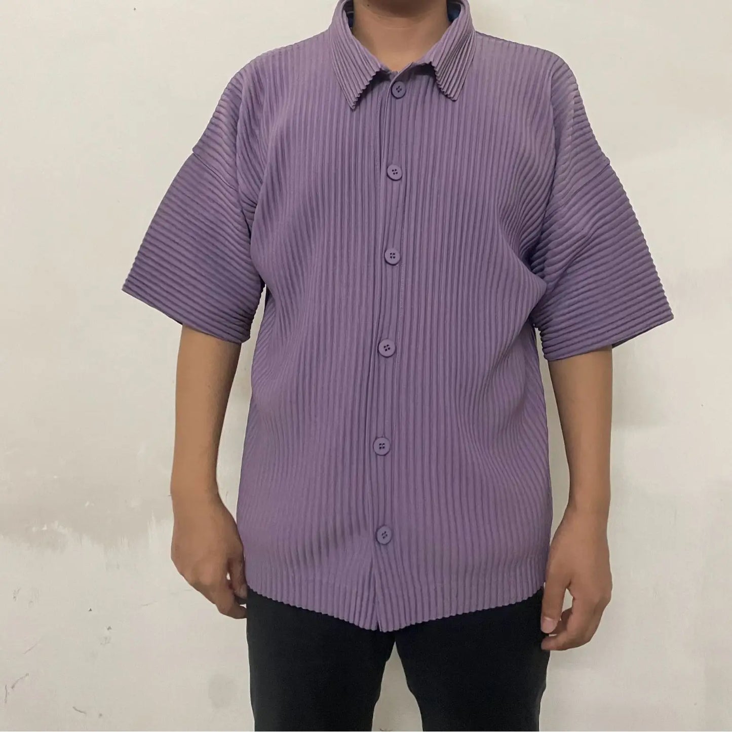 Pleats Pleated Original Short-sleeved Shirt Men's Short-sleeved Blouse 2024 Spring And Summer Loose Casual Jacket Solid Color