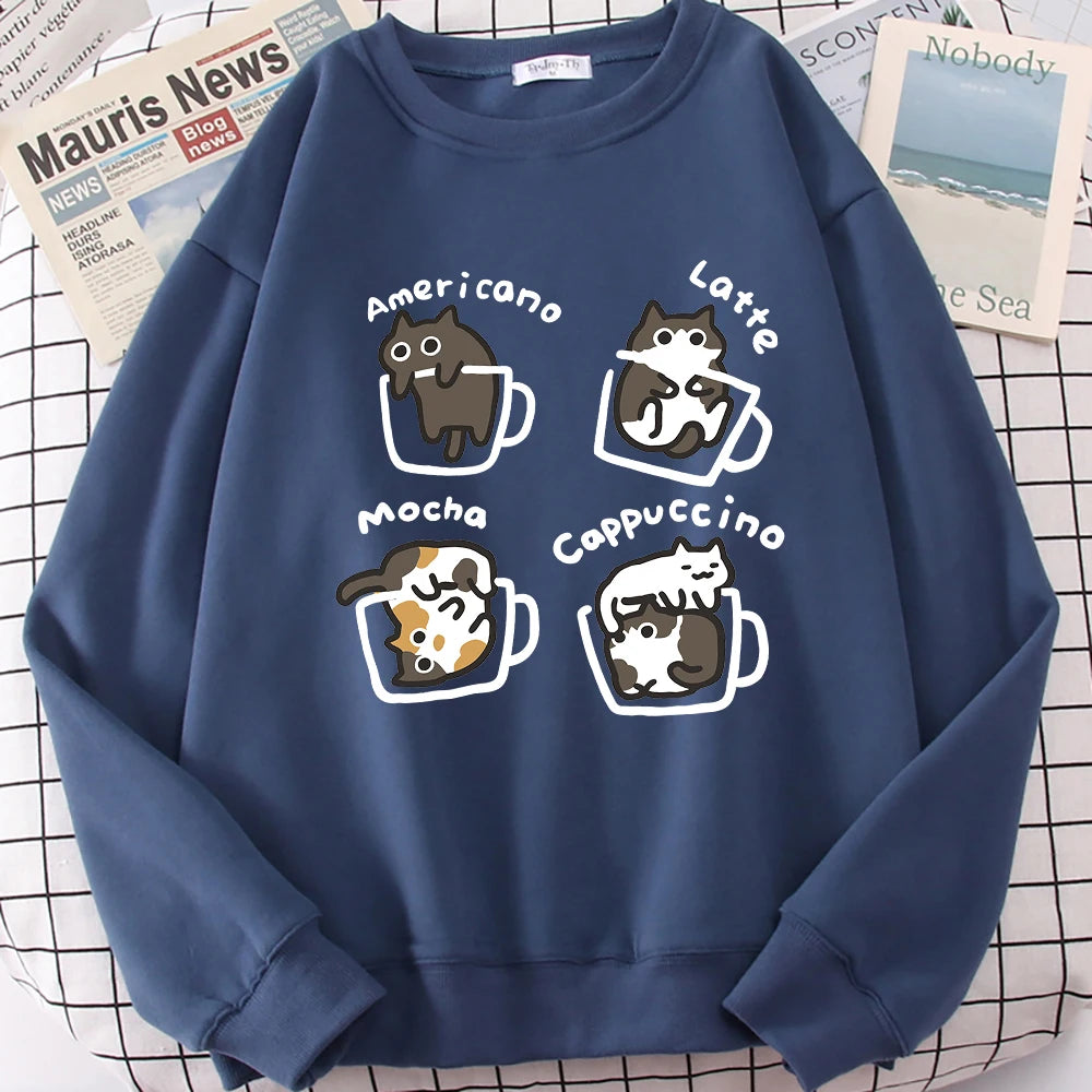 American Style Coffee Cat Cute Print Cartoons Hoodie Men Women Sweatshirt Loose Warm Clothes Personality Autumn Hoody Couple