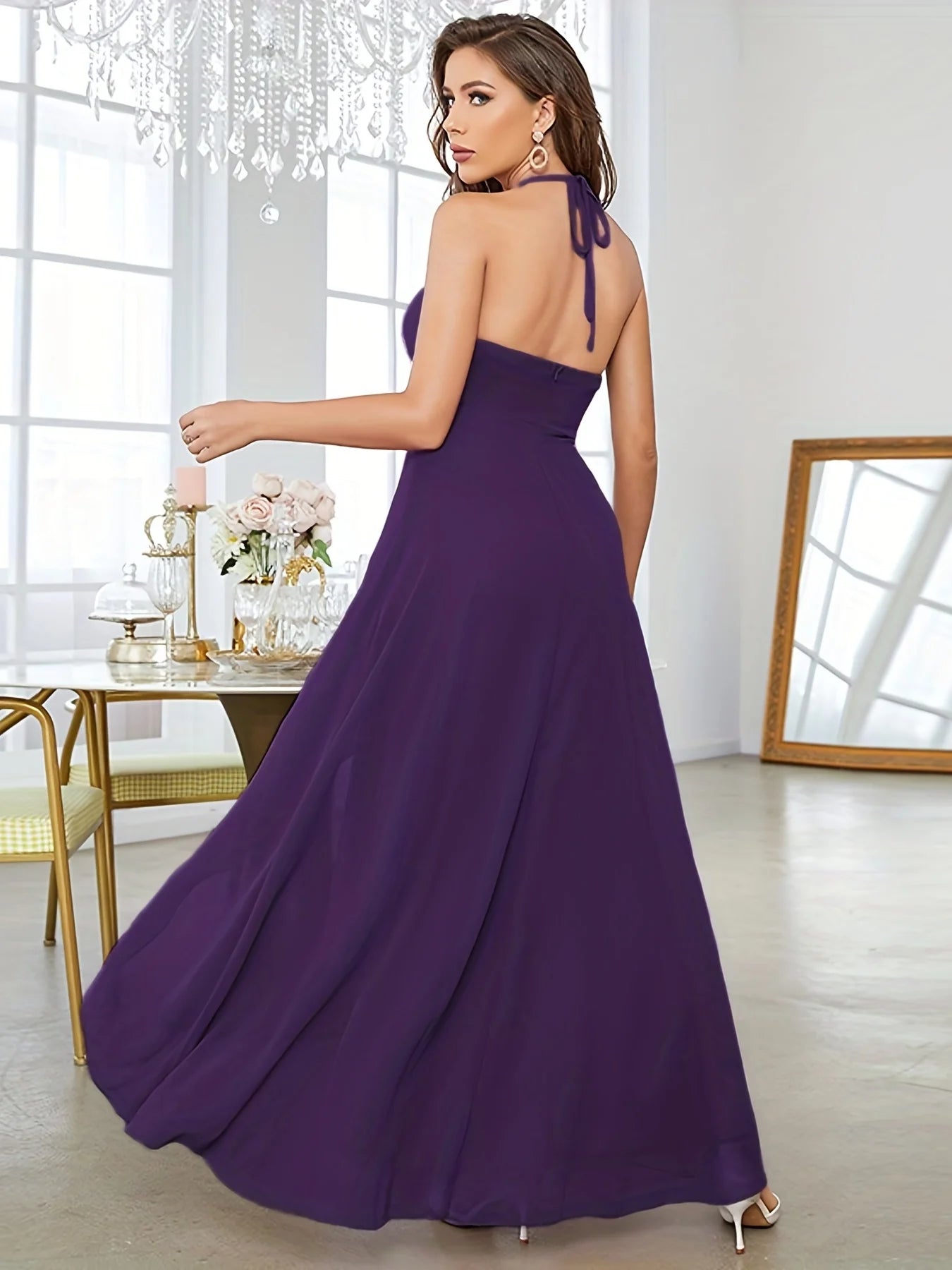 Mgiacy Ruffle Hem V-neck Halter Bridesmaid Dress, Elegant Backless Dress For Wedding Party, Women's Clothing
