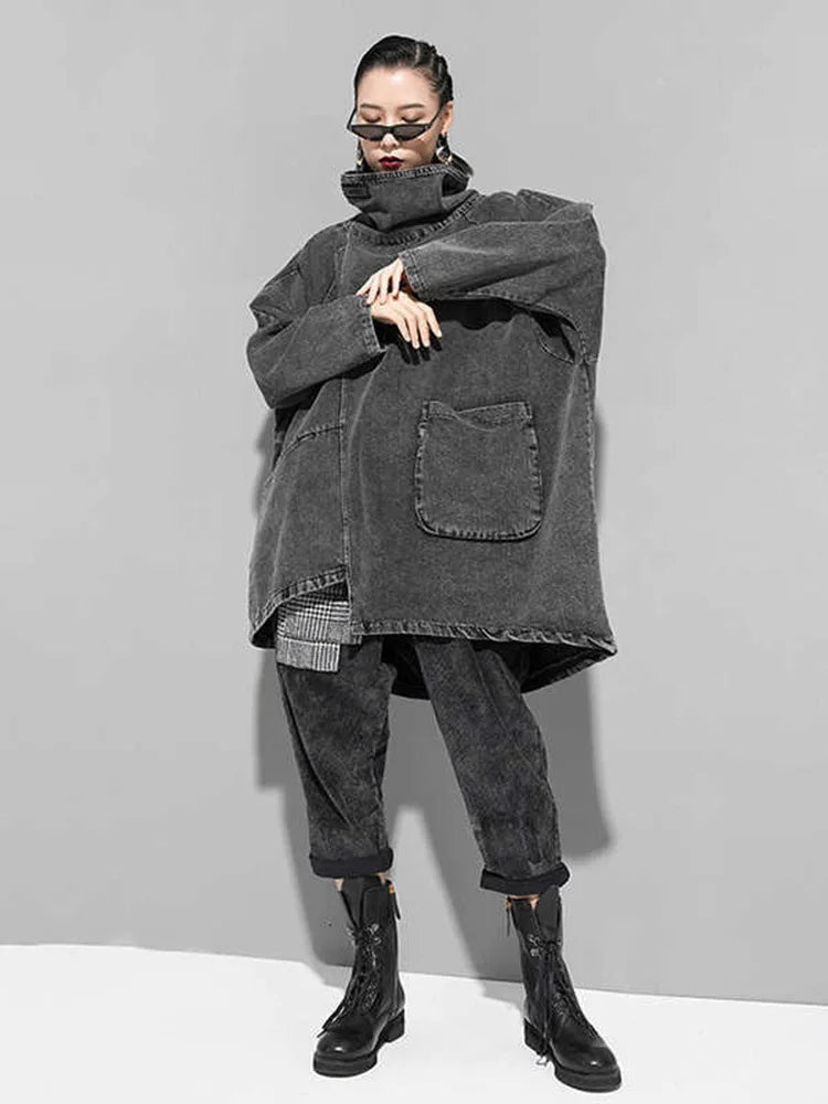 [EAM] Loose Fit Black Denim Big Size Sweatshirt New High Collar Long Sleeve Women Big Size Fashion Spring Autumn 2026 1K166