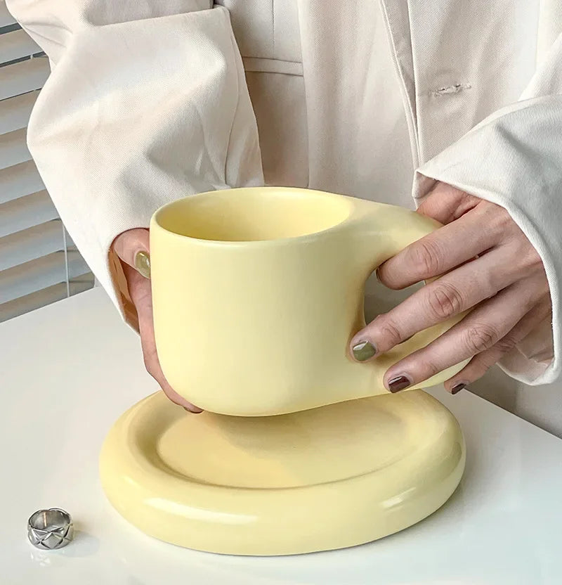 Nordic Modern Ceramic Coffee Cups and Plates Korean Ins Cute Trendy Chubby Cup Office Makron Color Spotted Texture Couple Cup