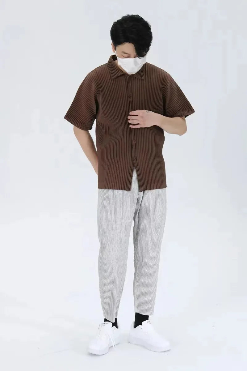 Pleats Pleated Original Short-sleeved Shirt Men's Short-sleeved Blouse 2024 Spring And Summer Loose Casual Jacket Solid Color