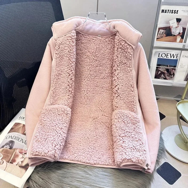 2025 Fashion Polar Fleece Sweatshirt Women's Stand-up Collar Short Coat Autumn Winter Zipper-up Thicken Jacket Lady Warm Tops