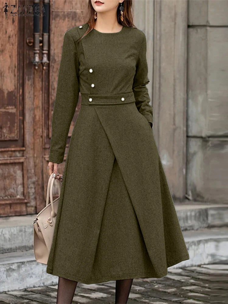 ZANZEA Autumn Dress Women Long Sleeve Elegant Office Sundress Casual Solid Color Vestidos 2025 European Style Asymmetrical Robe