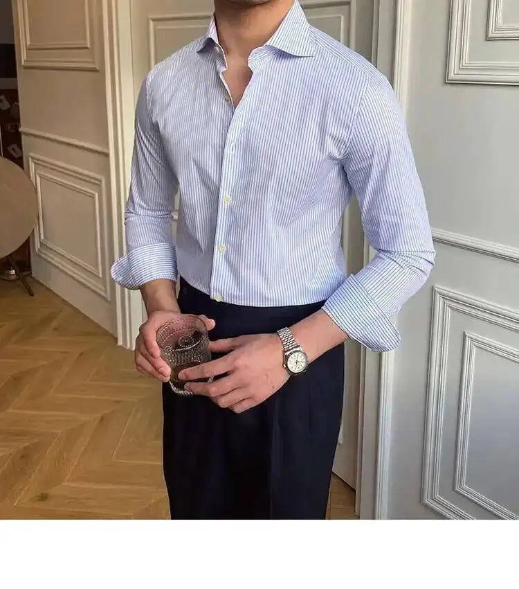 High Quality Men Business Striped Shirt Long Sleeve Slim Hairstylist Shirts Men Office Tuxedo Stripe Shirt Social Herren Hemd