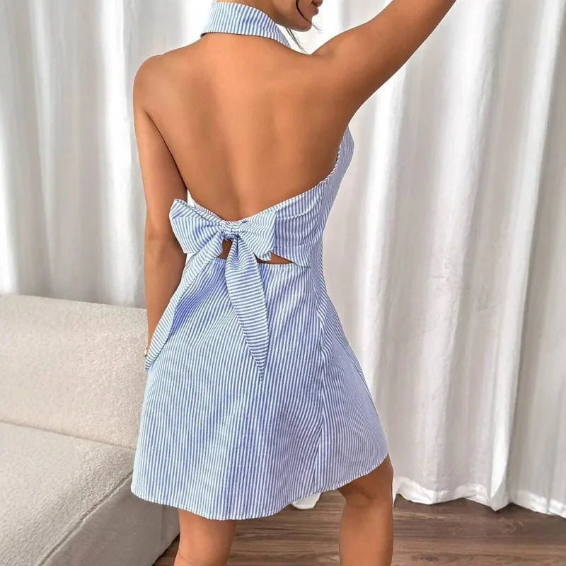 Halter Strap Bow A-shaped Beach Skirt Single-row Button-printed Suspender Dress Summer Dress Mini Dress for Women