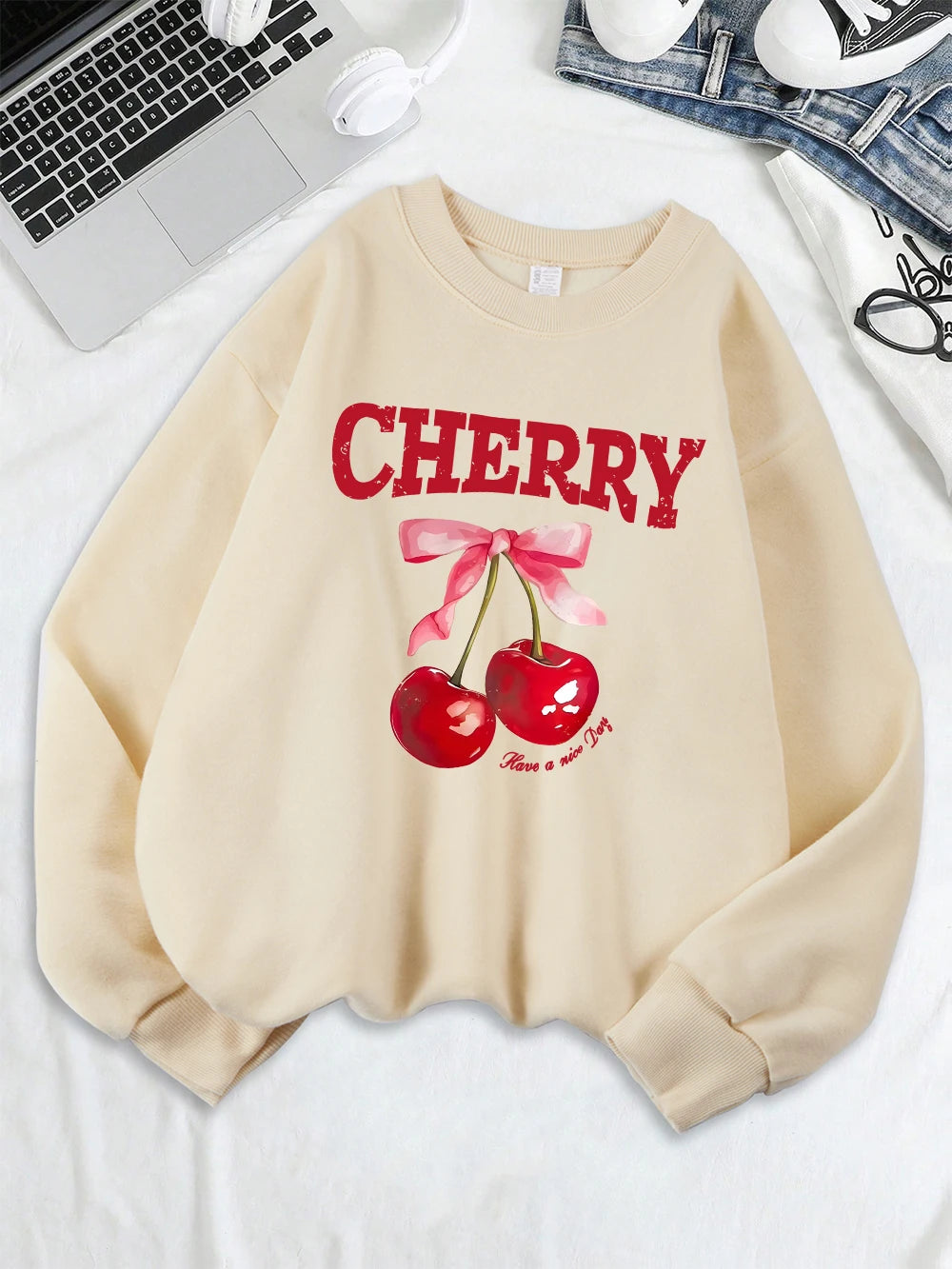 Cherry Pink Bow Have A Nice Day Prints Sweatshirts Women Warm Comfortable Hoodie O-Neck Tops Winter Casual Clothes
