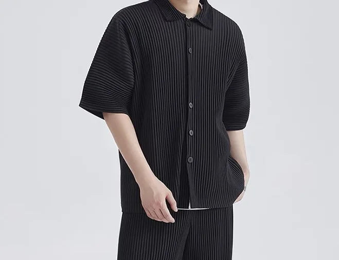 Pleats Pleated Original Short-sleeved Shirt Men's Short-sleeved Blouse 2024 Spring And Summer Loose Casual Jacket Solid Color