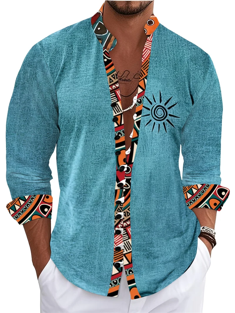 New retro ethnic style diamond patterned shirt for men, stand up collar, single breasted, personalized long sleeved top