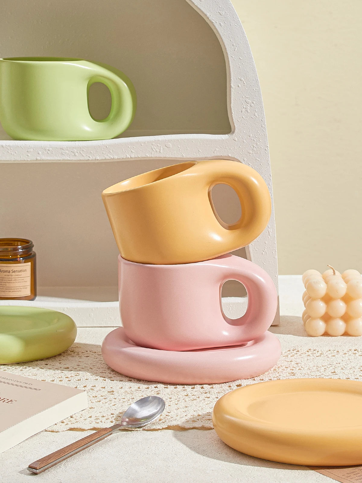 Nordic Modern Ceramic Coffee Cups and Plates Korean Ins Cute Trendy Chubby Cup Office Makron Color Spotted Texture Couple Cup