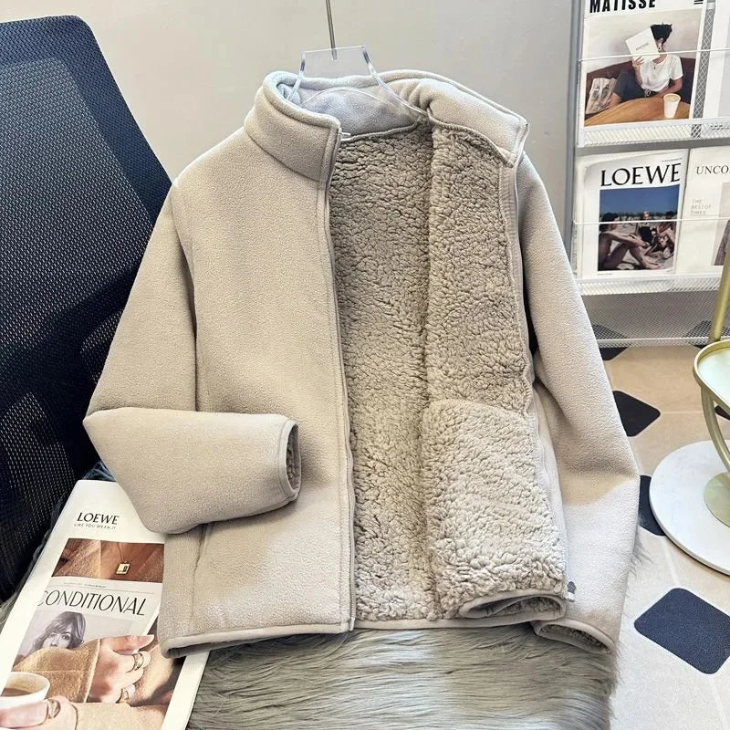2025 Fashion Polar Fleece Sweatshirt Women's Stand-up Collar Short Coat Autumn Winter Zipper-up Thicken Jacket Lady Warm Tops
