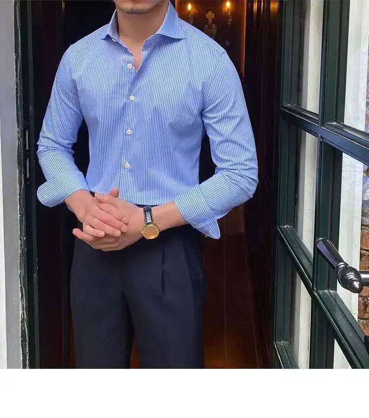 High Quality Men Business Striped Shirt Long Sleeve Slim Hairstylist Shirts Men Office Tuxedo Stripe Shirt Social Herren Hemd