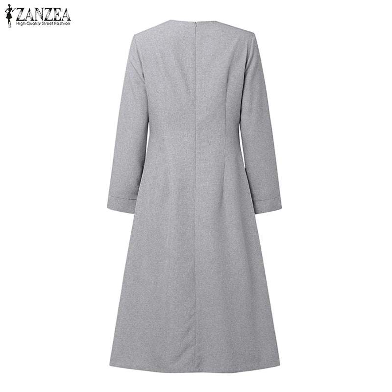 ZANZEA Autumn Dress Women Long Sleeve Elegant Office Sundress Casual Solid Color Vestidos 2025 European Style Asymmetrical Robe