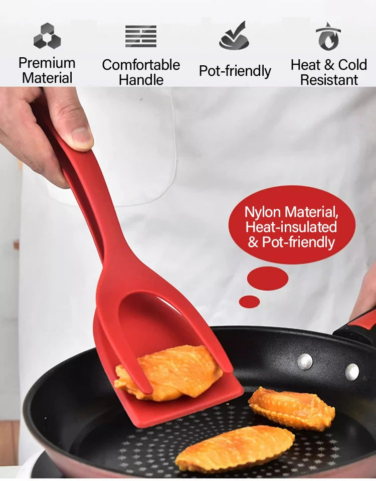 2 in 1 Nylon Grip Flip Tongs with Egg Spatula And Steak Turner Clamp Fish French Special Kitchen Utensils Cooking Tool CFQJ004
