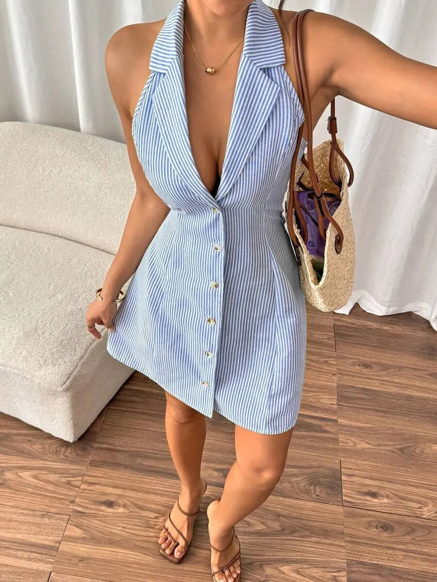 Halter Strap Bow A-shaped Beach Skirt Single-row Button-printed Suspender Dress Summer Dress Mini Dress for Women