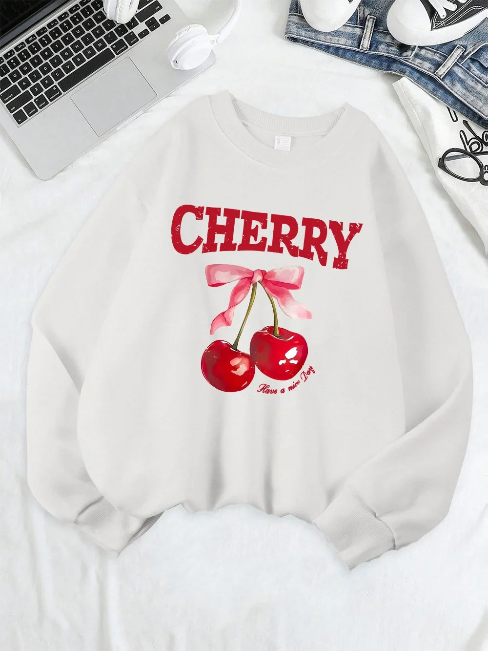 Cherry Pink Bow Have A Nice Day Prints Sweatshirts Women Warm Comfortable Hoodie O-Neck Tops Winter Casual Clothes