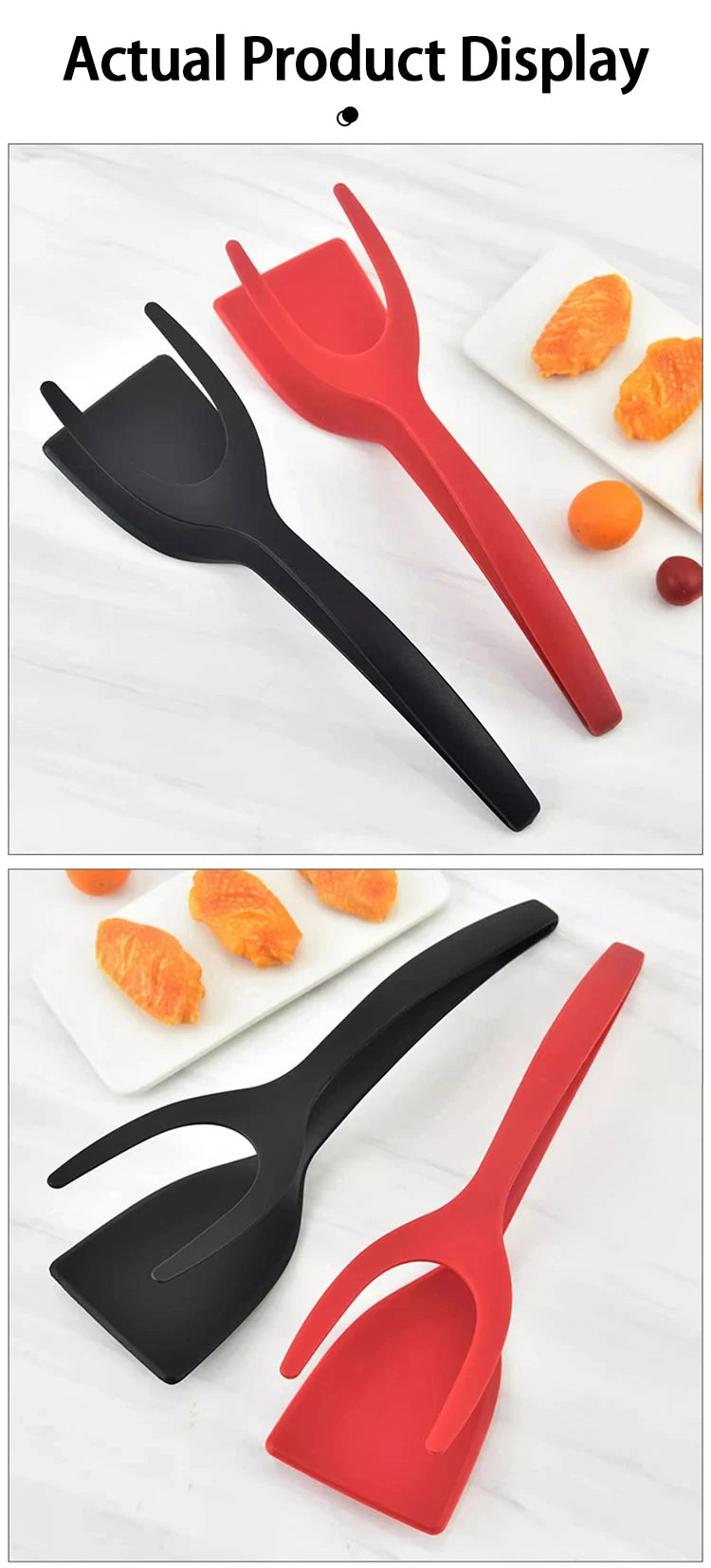 2 in 1 Nylon Grip Flip Tongs with Egg Spatula And Steak Turner Clamp Fish French Special Kitchen Utensils Cooking Tool CFQJ004