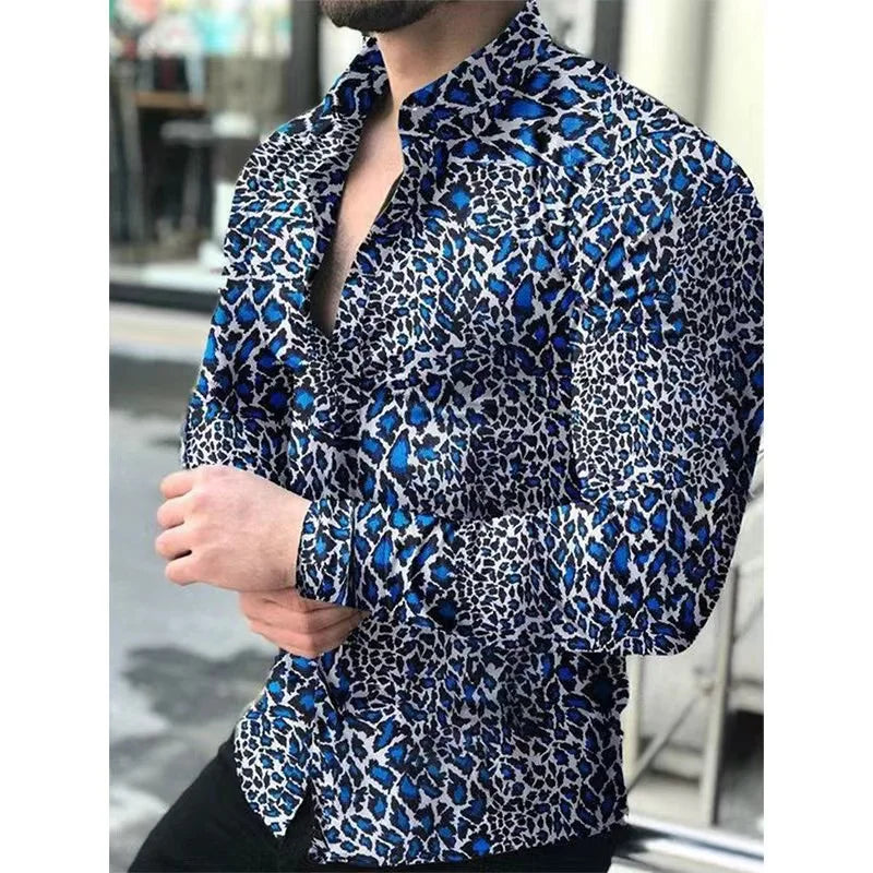 Leopard Print Shirt Men's Cuffed Fashion Casual Men's Soft Comfort High End Party Tops Men's Street Long Sleeve Clothing Tops