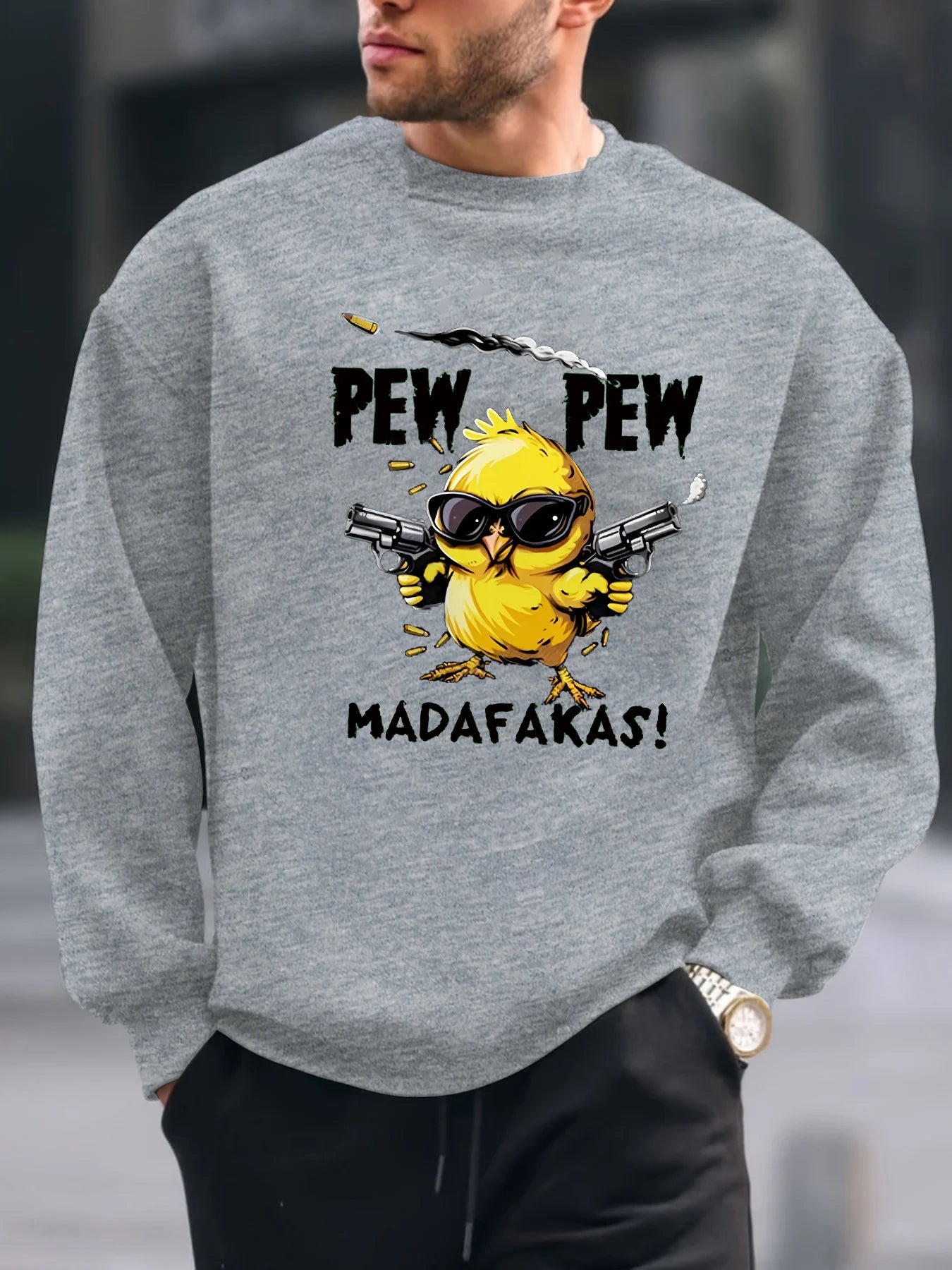 Men's autumn and winter fashionable casual loose angry chicken graphic printed long sleeved round neck sweatshirt